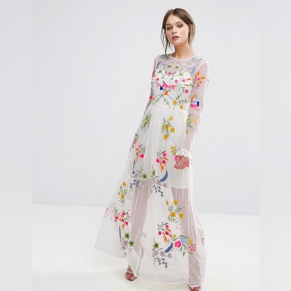 Frock and Frill Dresses & Skirts - Floral Embroidered Sheer Long Sleeve Dress